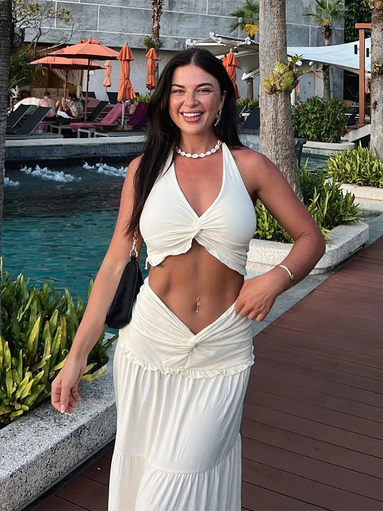 Skirt Sets - Ruched Elegant 2 Piece Set Women Halter Backless Crop Camisole+Elastic Waist Ruffles Long Skirts Street Trend Suits