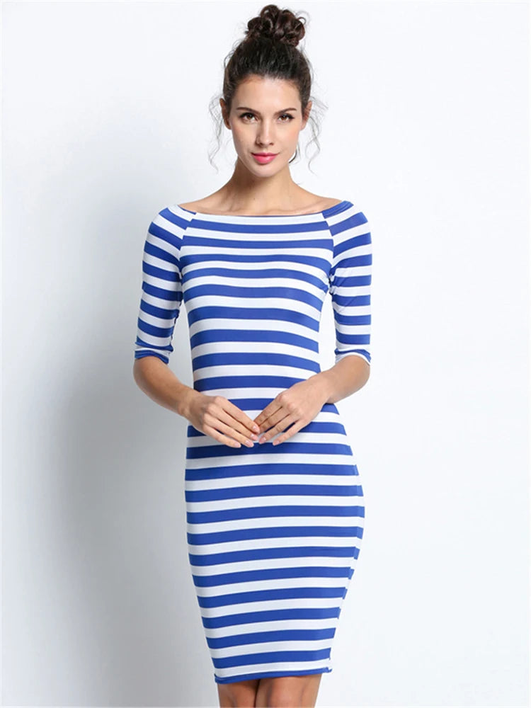 Bodycon dresses - Spring Summer Dresses Woman Size Dresses For Women Casual Stripe Print Off The Shoulder Half Long Sleeve Long Dress Robe Femme