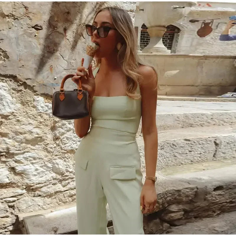 Pants Sets - Solid Square Collar Halter Vest Pants Sets Women Slim Backless Sleeveless Tops High Waist Wide Leg Pant 2025 Lady Office Outfit