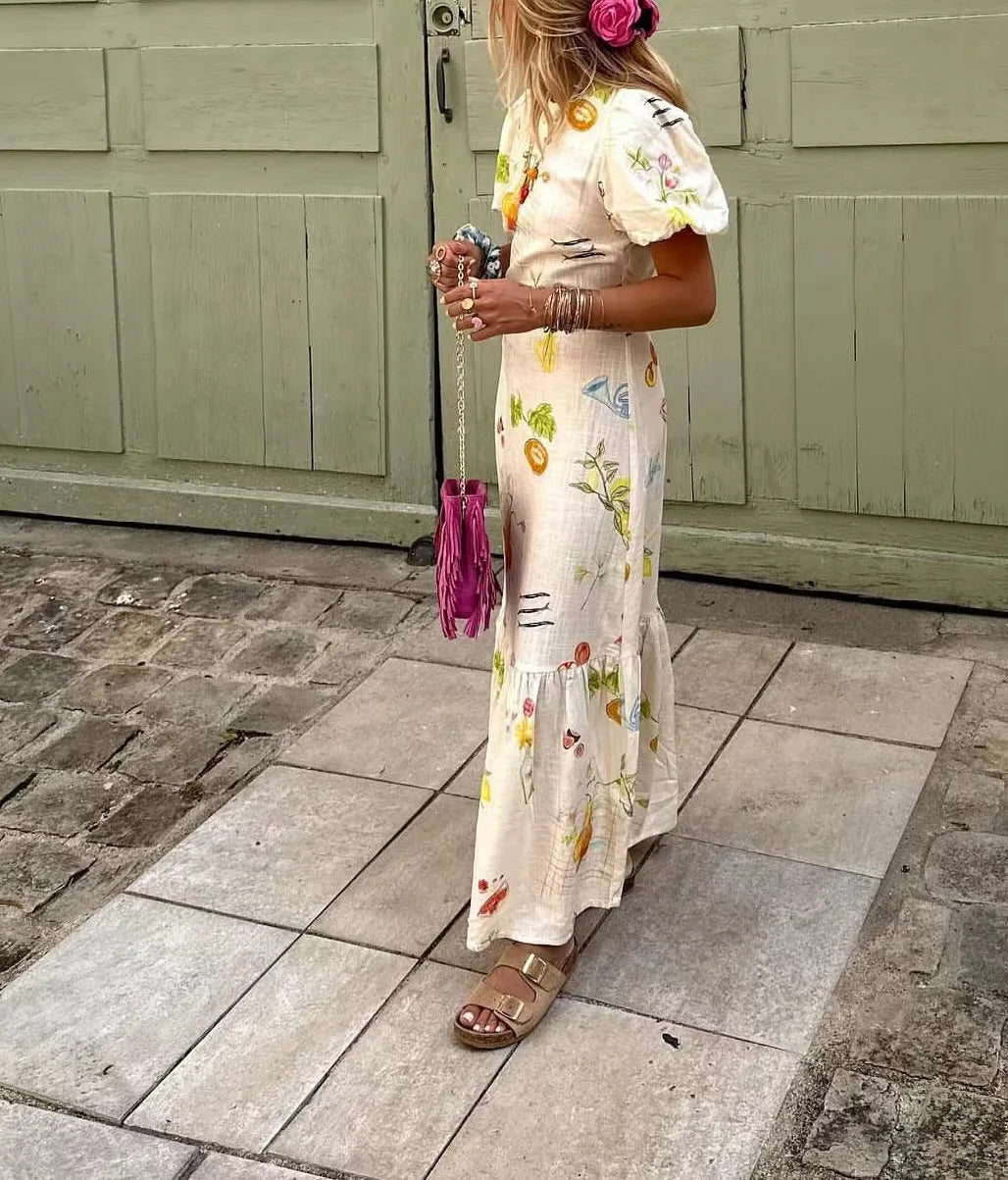 Casual Dresses - Women's European And American Style Fashion Slim Skirt Simple Printed Backless Short-Sleeved Dress