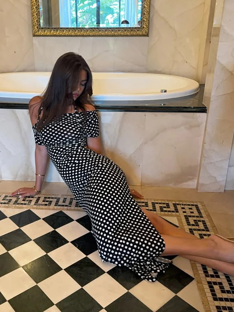 Halter Dresses - Off-shoulder Polka Dot Maxi Dress For Women Gown Fashion Halter Sleeveless Backless bodycon Split Long Dress Elegant