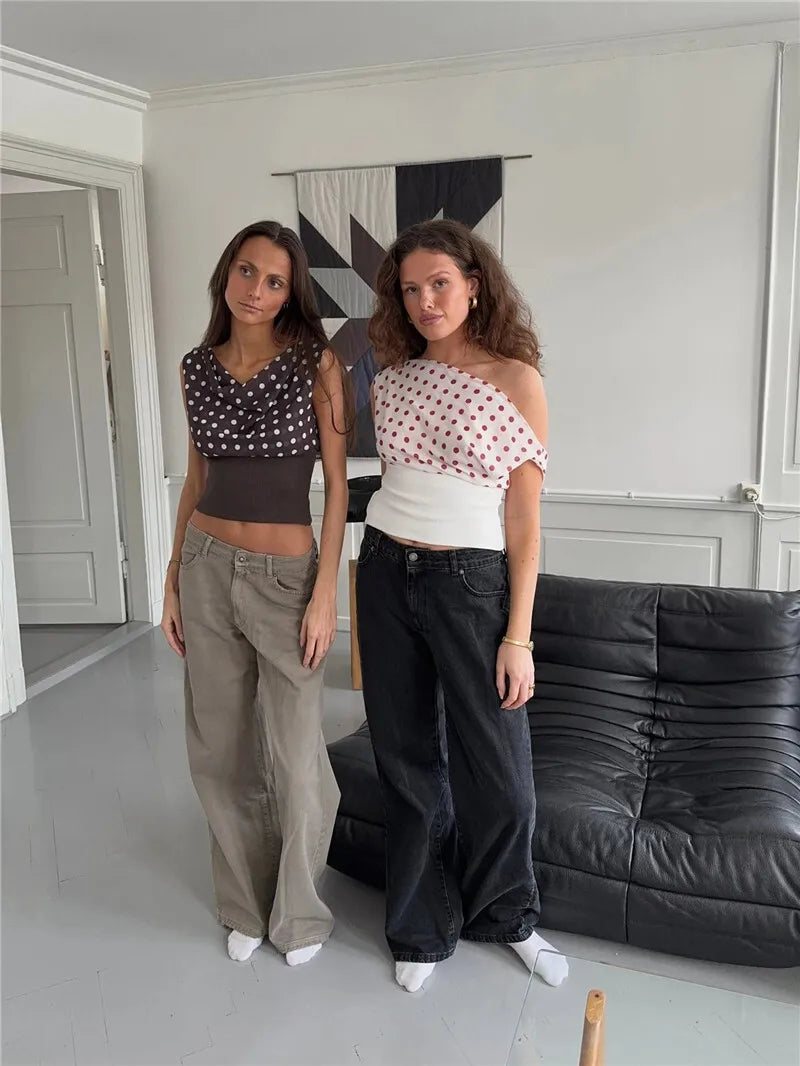 Crop Blouses - Backless Polka Dot Crop Tops Women Vest Fashion Summer New Oblique Shoulder Sleeveless Tank Tops Pullovers Female