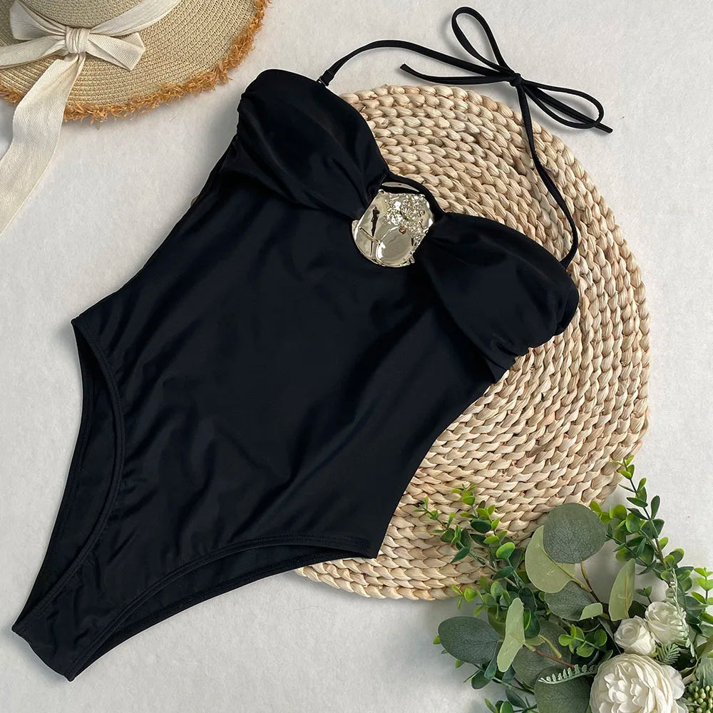 Swimsuits - 2 Colors Sexy Metal Rings Cut Out Women Swimwear One Piece Swimsuit Female Bandeau High Leg Cut Bather Bathing Suit Swim