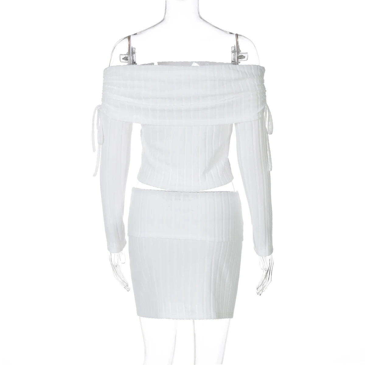 Matching Sets - Dulzura Ribbed Sexy Elegant 2 Piece Skirt Set Off Shoulder Long Sleeve Lace Up Top Mini Skirt Matching Set Party Club Streetwear