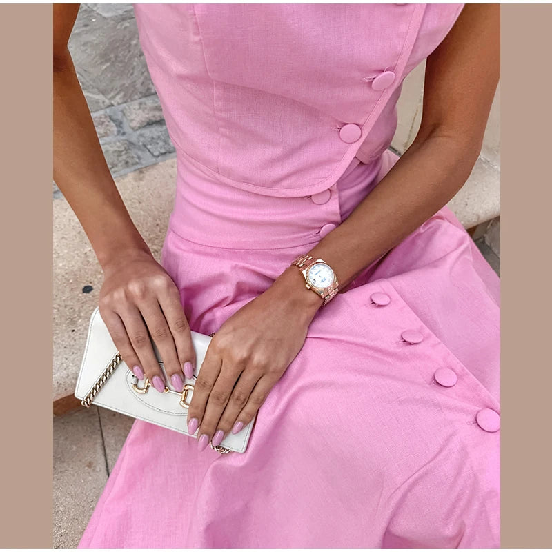 Skirt set - Women Vest Skirt Suit Solid O-neck Single Breasted Short Sleeve Short Top Button Wide Leg Skirts Female Summer Lady Beach Wears