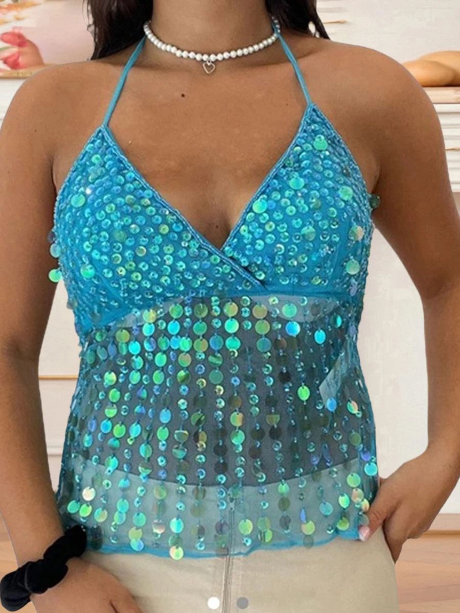 Tops - Women Y2k Sparkly Sequin Halter Beaded Camisole Cute Glitter Rhinestone Spaghetti Strap Backless Criss Cross Cami Top Blue