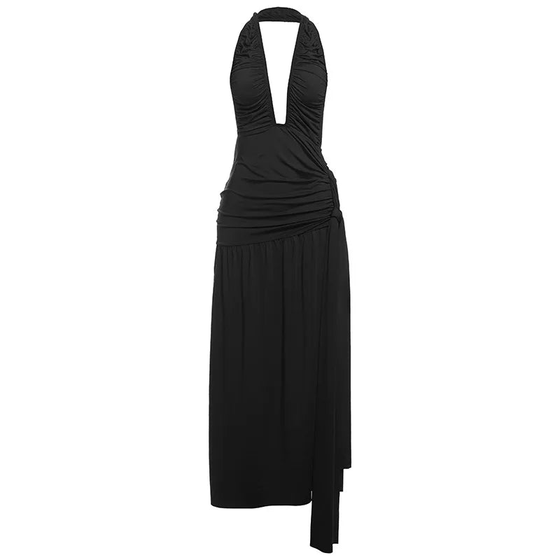 Plunging Dresses - Halter Deep V Neck Sexy Maxi Dress For Women Gown Fashion Solid Sleeveless Backless Draped Ruched Bodycon Long Dress
