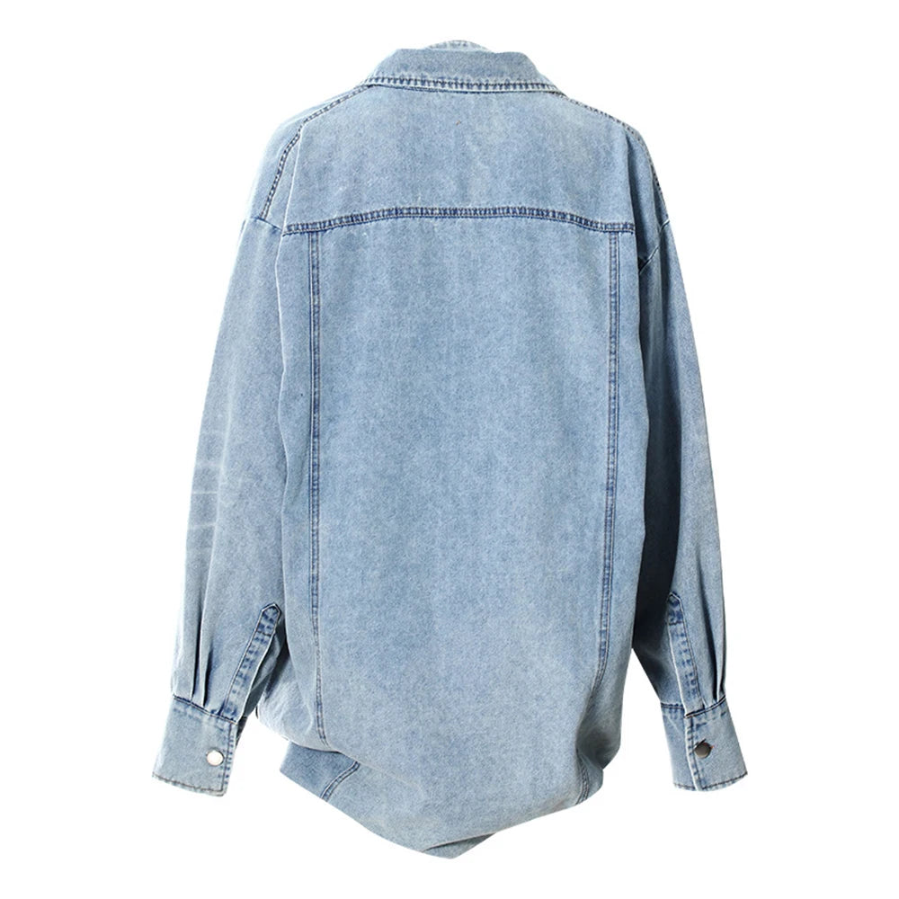 Denim Outfits - Loose Chic Jackets For Women Lapel Long Sleeve Streetwear Patchwork Pockets Coats Female Fashion Style New