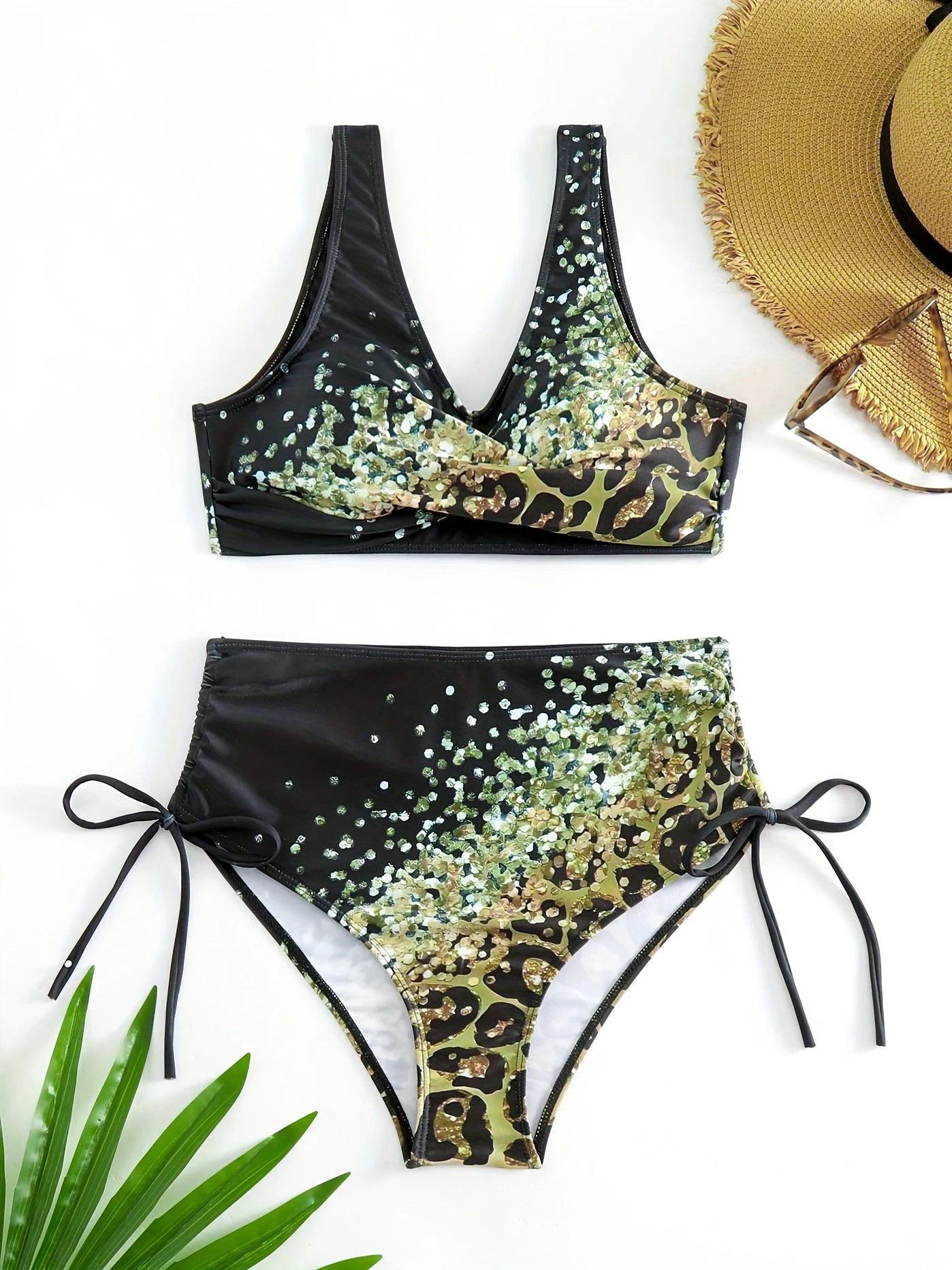 Swimwear - 2024 Drawstring V Neck High Waist Bikini Women Printed Swimwear Female Swimsuit Bathers Bathing Swimming Suit Beachwear Summer