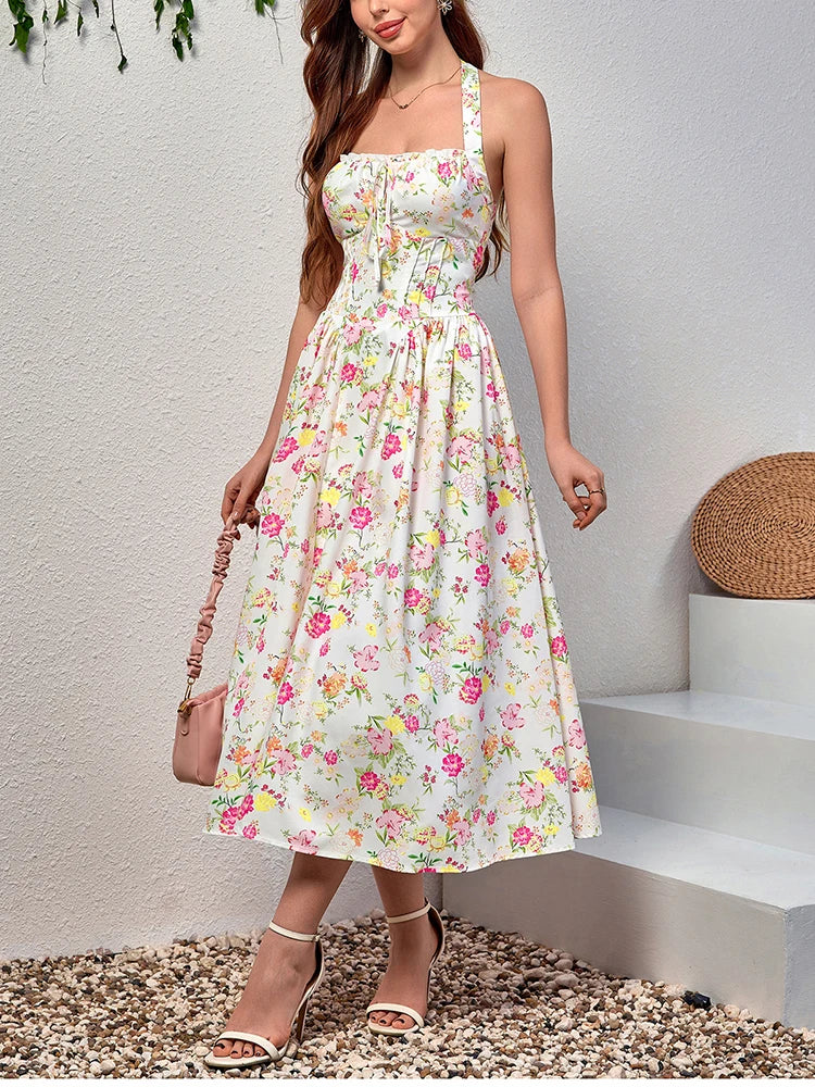 Floral Dresses - Women's Halter Backless Print Floral Midi Corset Dress Spaghetti Straps Tie Up Fashion Casual Holiday Long Dresses Pink