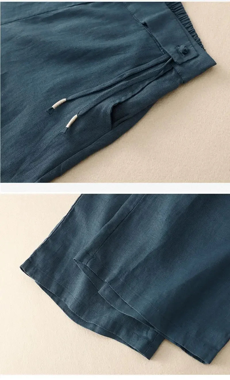 Pants - Summer Wide Leg Pants Women Elastic High Waist Cotton and Linen Casual Pants Loose Straight Yellow Women's Pants