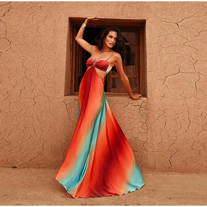 Elegant Dresses - Tie-dye Gradient Hollow Out Women's Maxi Dress Elegant Off Shoulder A-line Hem Long Dresses New Summer 2025 Holiday Female Robes