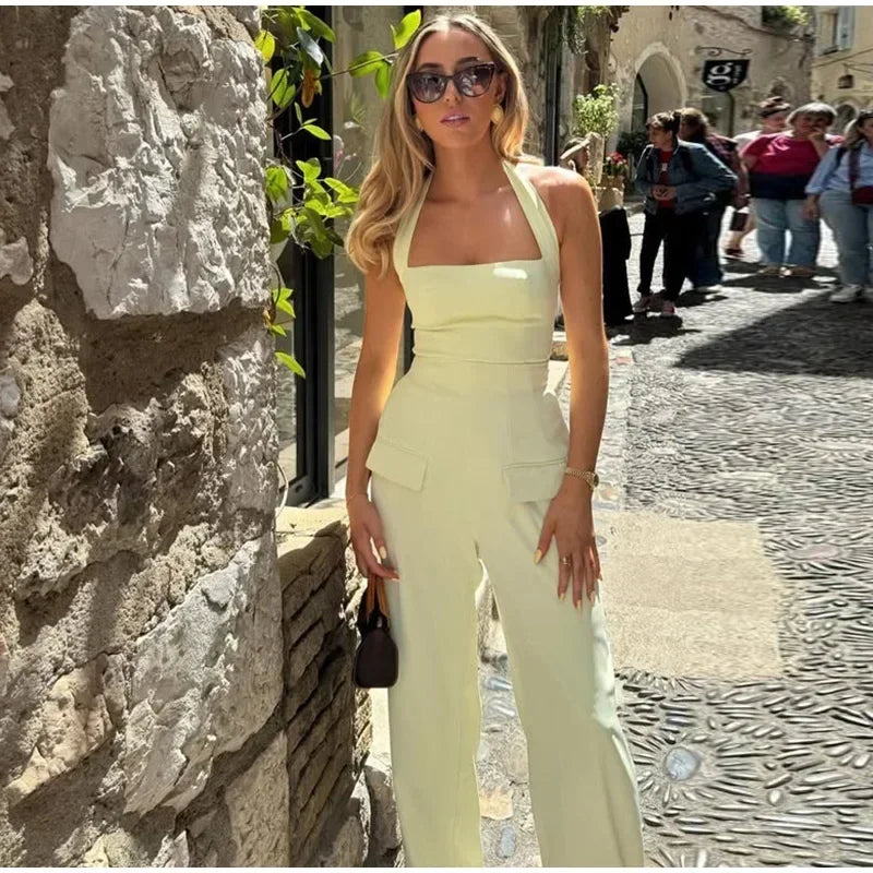 Pants Sets - Solid Square Collar Halter Vest Pants Sets Women Slim Backless Sleeveless Tops High Waist Wide Leg Pant 2025 Lady Office Outfit