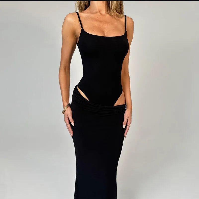 Party Dresses - Black Sexy Dress Sets Women Spaghetti Strap Bodysuit And Maxi Skirt Matching Sets Backless Slim Fit Long Skirt Set