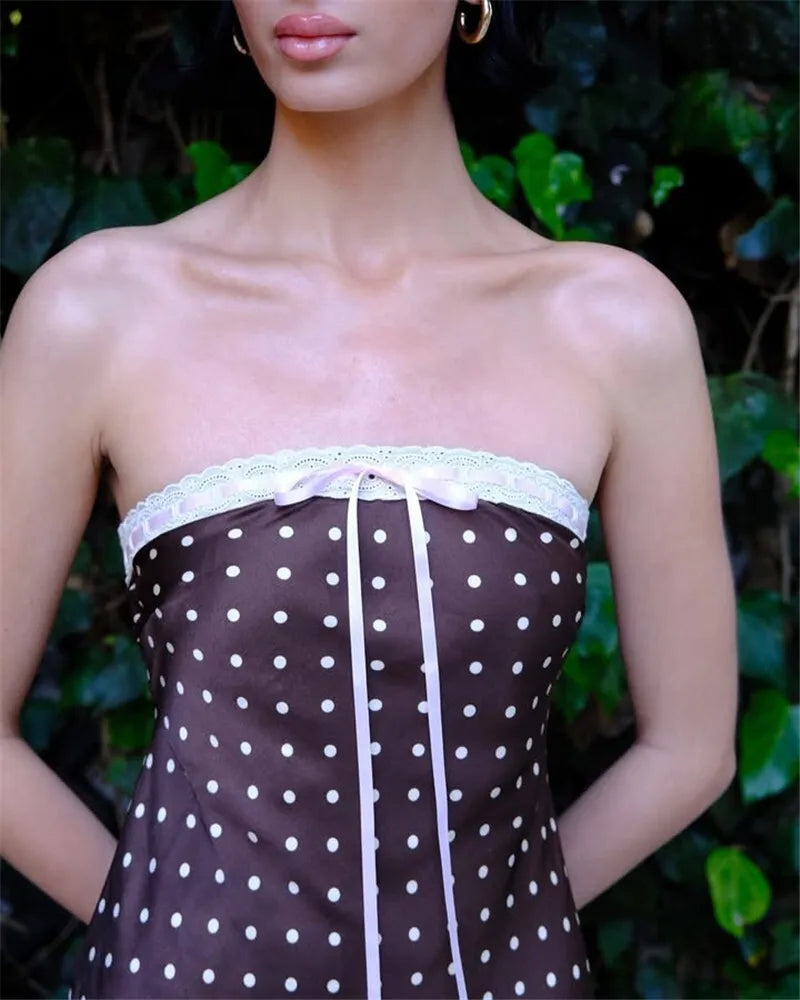 Strapless Dresses - Lace Strapless Backless Sexy Midi Dress For Women Fashion Off-shoulder Sleeveless Bodycon Polka Dot Dress Elegant