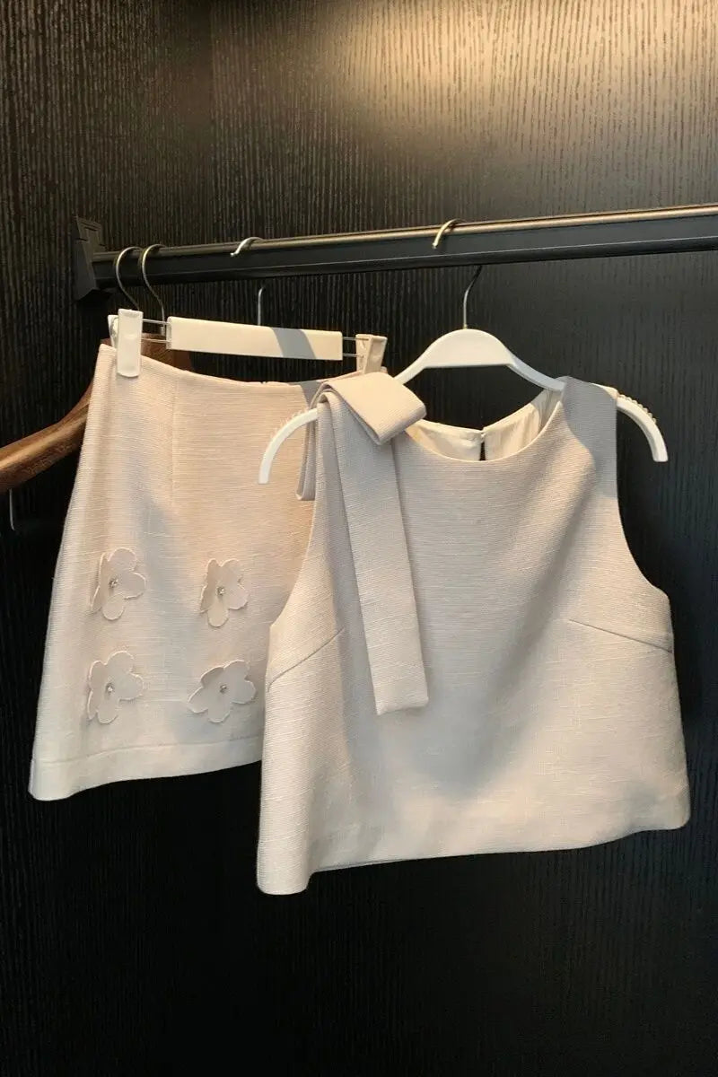 Skirts set - Korean Chic 2 Piece Set Women Clothes for 2025 Temperament Sleeveless Bow Top A-line Mini Skirt Outfits Roupas Femme Summer Sets