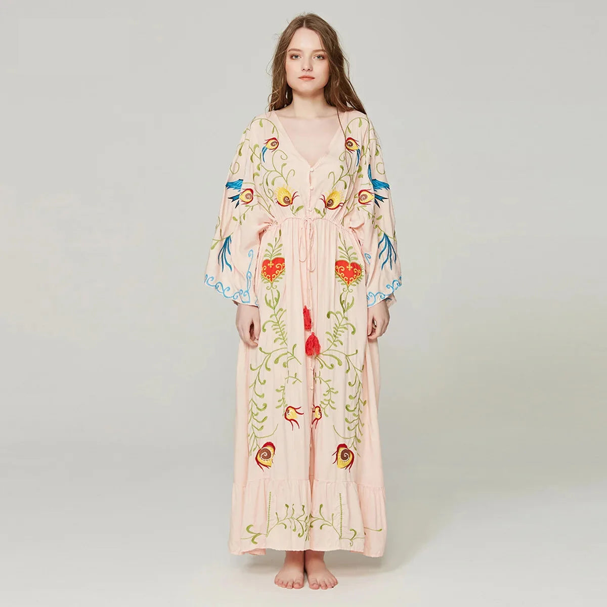 Kaftans - Jastie Embroidered Women Maxi Dress V-Neck Batwing Sleeve Loose Oversize Summer Dresses Drawstring Waist Boho Beach Vestidos