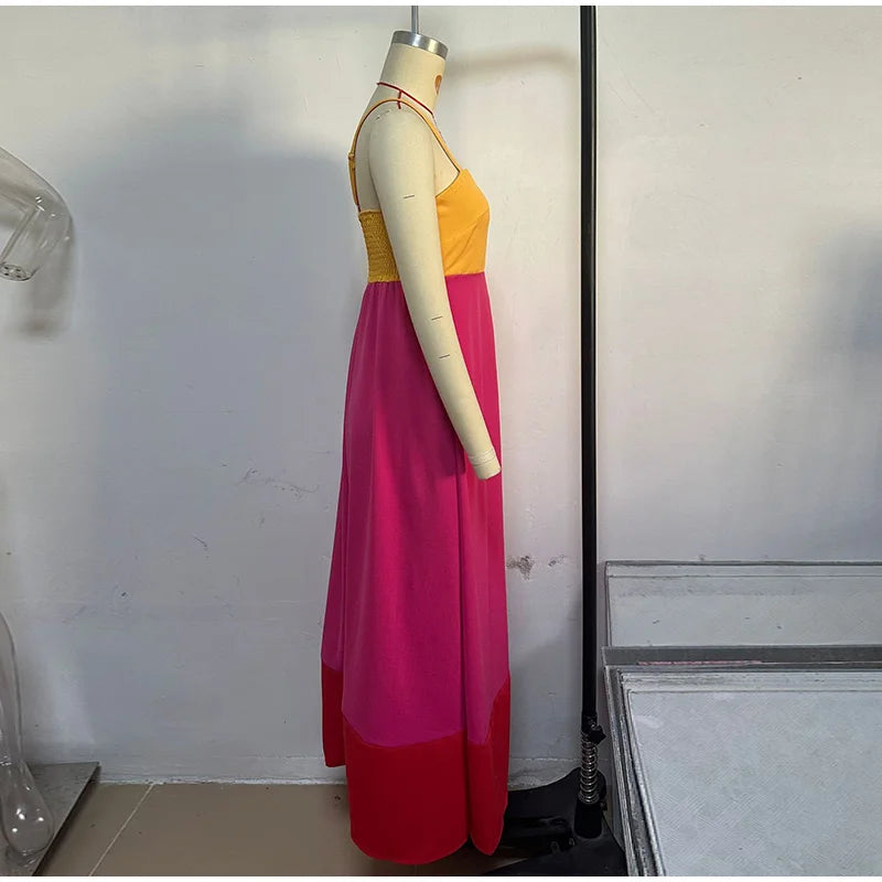 Casual Dresses - Contrast Color Holiday Long Dress Women 2025 Spring Spaghetti Strap High Waist Sleeveless Backless Dresses Female A-line Beach