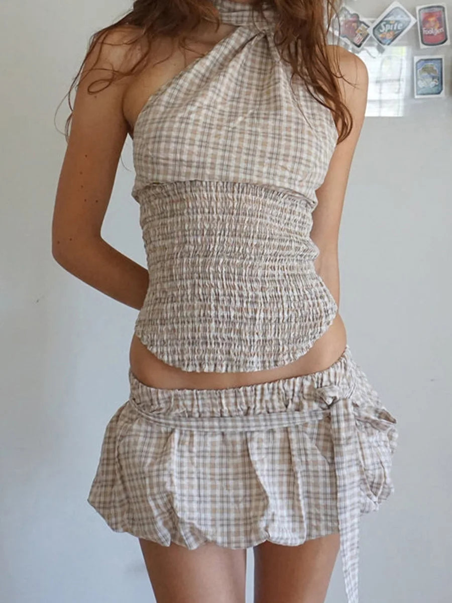 Casual Outfits - Women Y2K 2 Piece Bubble Skirt Outfit Set Off the Shoulder Plaid Halter Tank Top and Puff Mini Skirt with Belt Party Clubwear