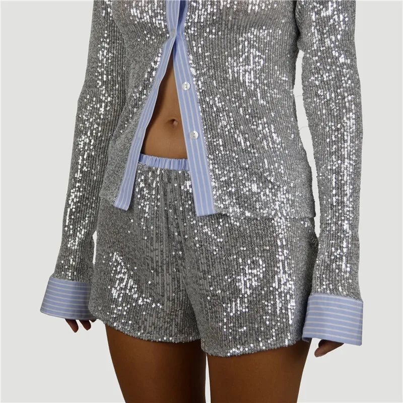 Shorts Sets - Silver Glitter Shorts Sets Women Contrast Color Single-breasted Shirt And Shorts Sparkle Two Piece Set Shorts Sets
