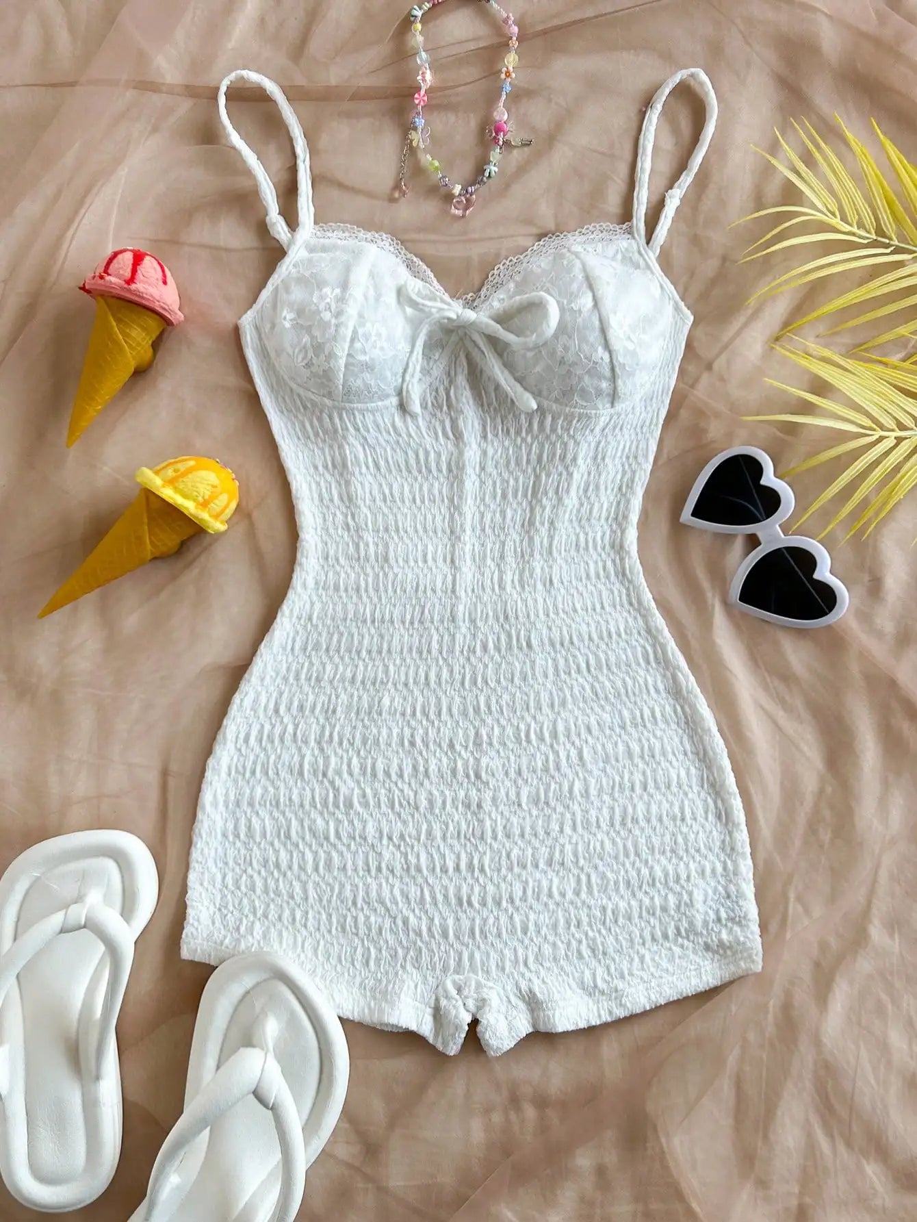 Rompers - Pure Wind Skinny-looking Onesie Strap Package Hip Vacation Premium Sense Backless Net Infrared Wear With Lace Edge