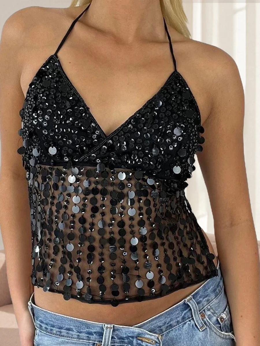 Tops - Women Y2k Sparkly Sequin Halter Beaded Camisole Cute Glitter Rhinestone Spaghetti Strap Backless Criss Cross Cami Top Blue