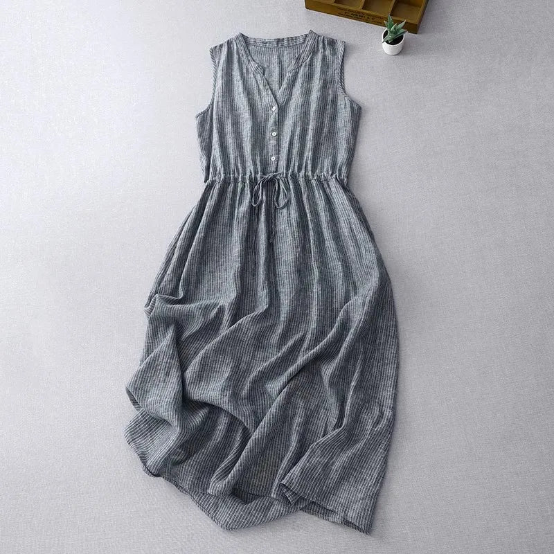Casual Dresses - Cotton Sleeveless Dresses for Women 2025 New Summer Elegant Drawstring Tank Dress Casual Loose Vintage Stripe Female Midi Dress