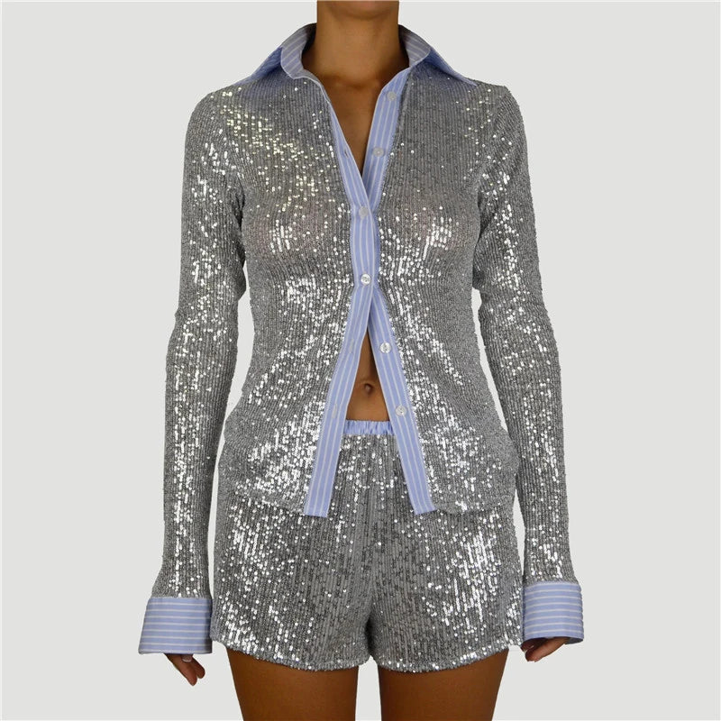 Shorts Sets - Silver Glitter Shorts Sets Women Contrast Color Single-breasted Shirt And Shorts Sparkle Two Piece Set Shorts Sets