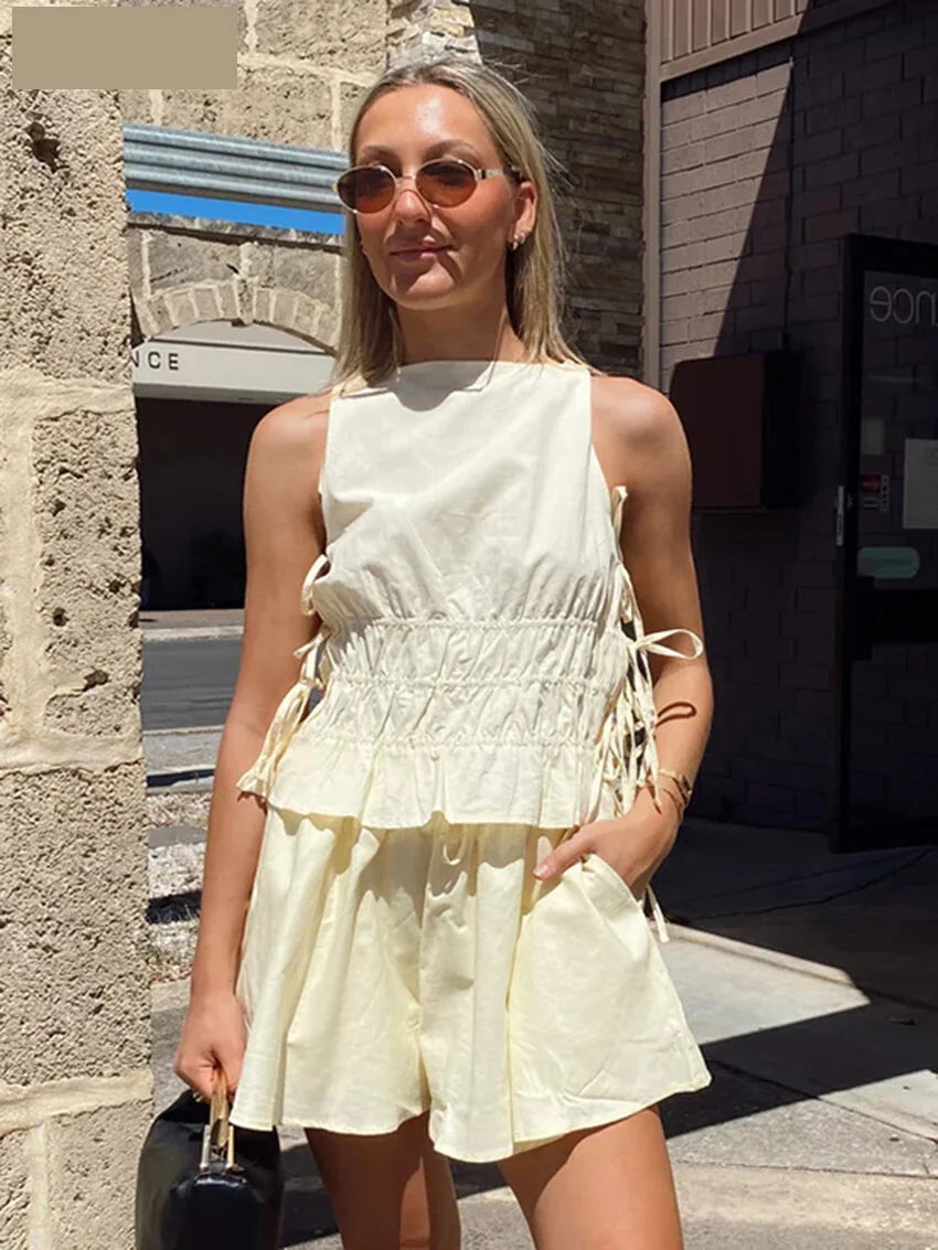 - Summer Loose Yellow Cotton Shorts Set 2 Piece Woman 2025 Fashion Sleeveless Tank Top With High Waist Shorts Set Female