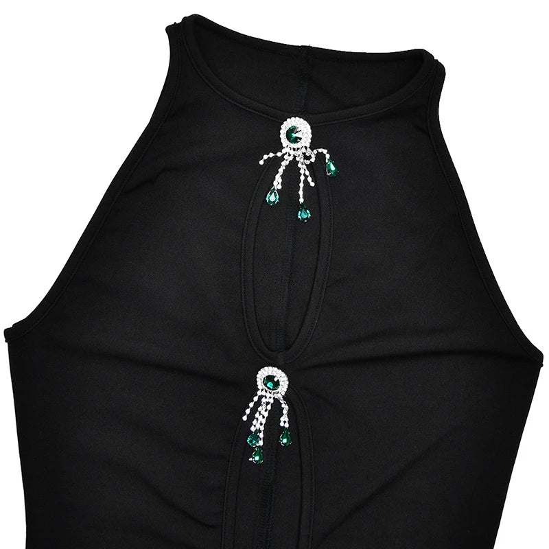 Elegant Dresses - Hollow Out Pearl Tassel Sexy Maxi Dress For Women Black O Neck Sleeveless High Waist Bodycon Club Party Long Dress