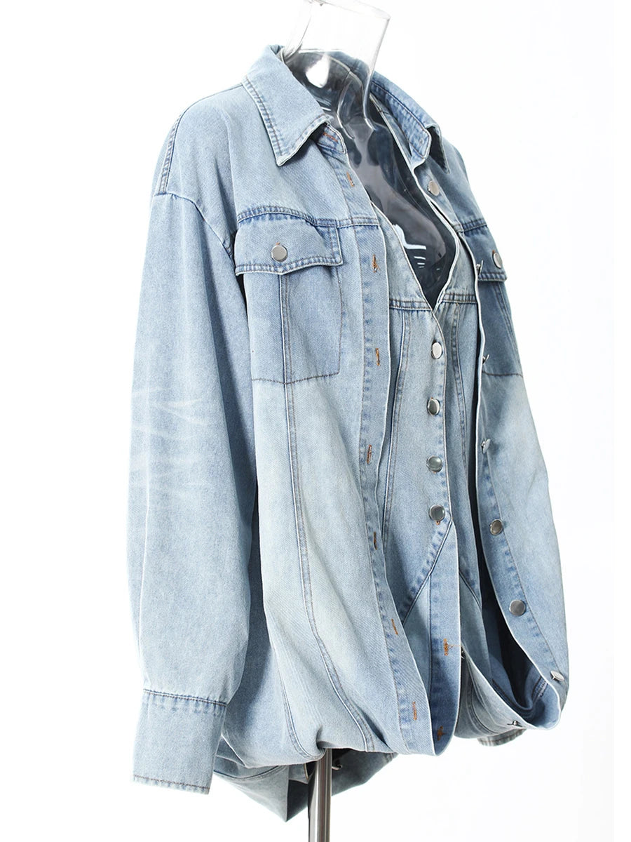 Denim Outfits - Loose Chic Jackets For Women Lapel Long Sleeve Streetwear Patchwork Pockets Coats Female Fashion Style New