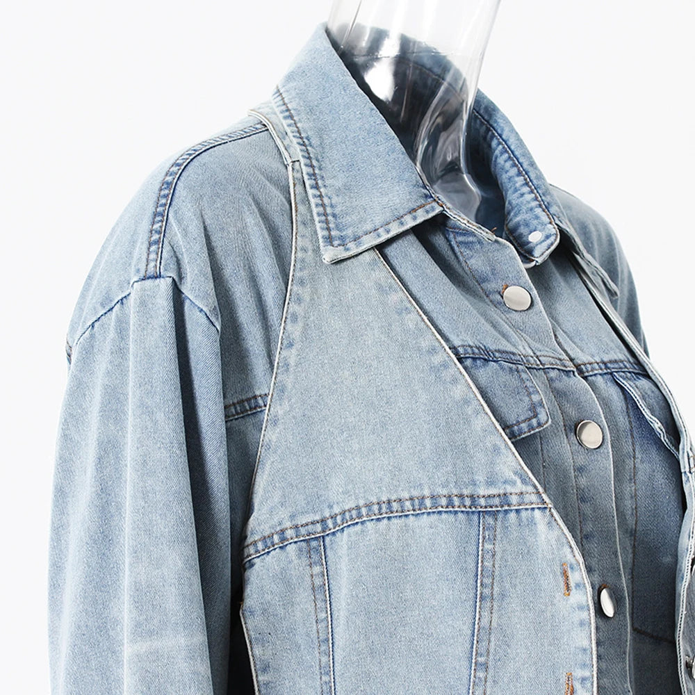 Denim Outfits - Loose Chic Jackets For Women Lapel Long Sleeve Streetwear Patchwork Pockets Coats Female Fashion Style New