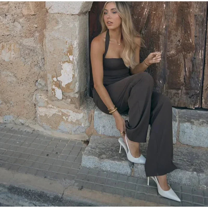 Pants Sets - Solid Square Collar Halter Vest Pants Sets Women Slim Backless Sleeveless Tops High Waist Wide Leg Pant 2025 Lady Office Outfit