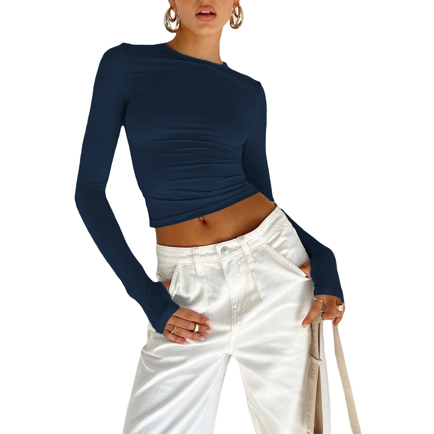 Tees - Fashion Women Basic T-shirt with Thumb Holes Long Sleeve Crew Neck Solid Slim Fit Basic Crop Top Streetwear