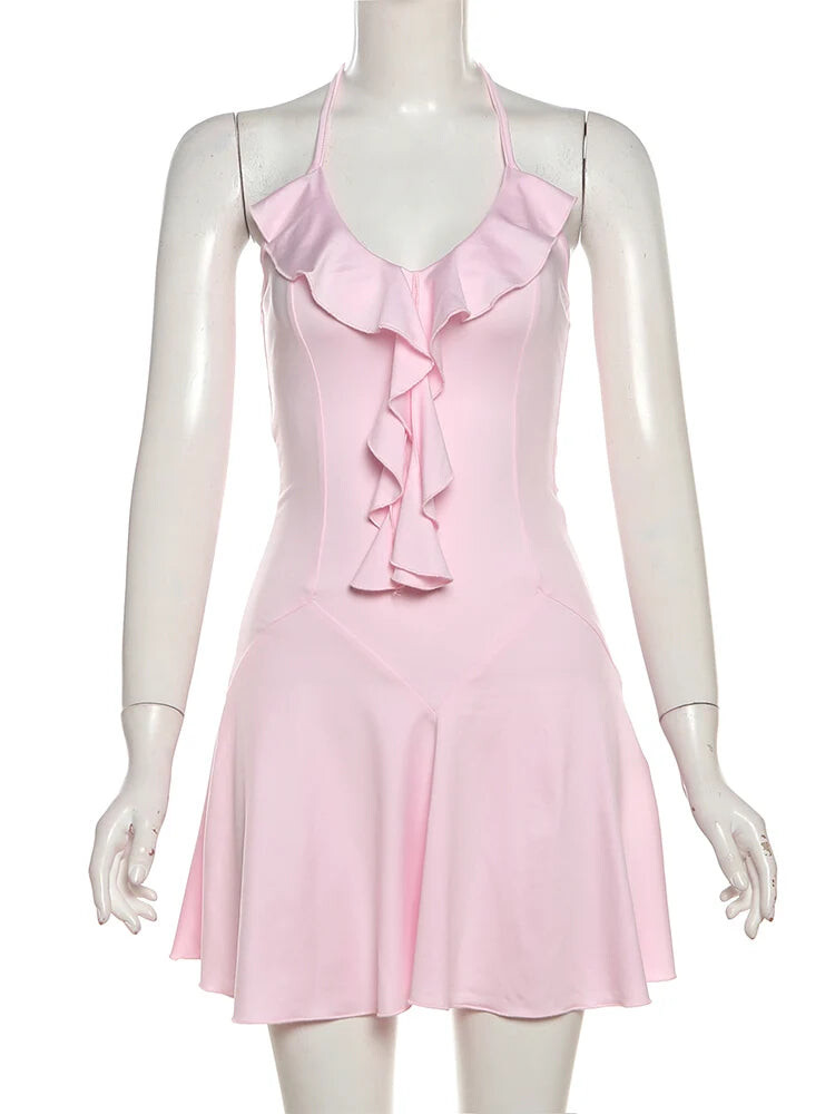 Party Dresses - Halter Ruffles V-Neck Dress Women Backless Elegant Sexy Summer Fashion V-Neck Solid Birthday Party Clubwear Mini Bodycon