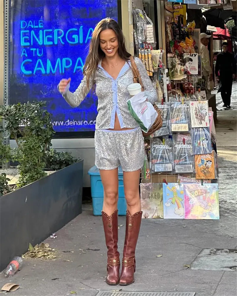 Shorts Sets - Silver Glitter Shorts Sets Women Contrast Color Single-breasted Shirt And Shorts Sparkle Two Piece Set Shorts Sets