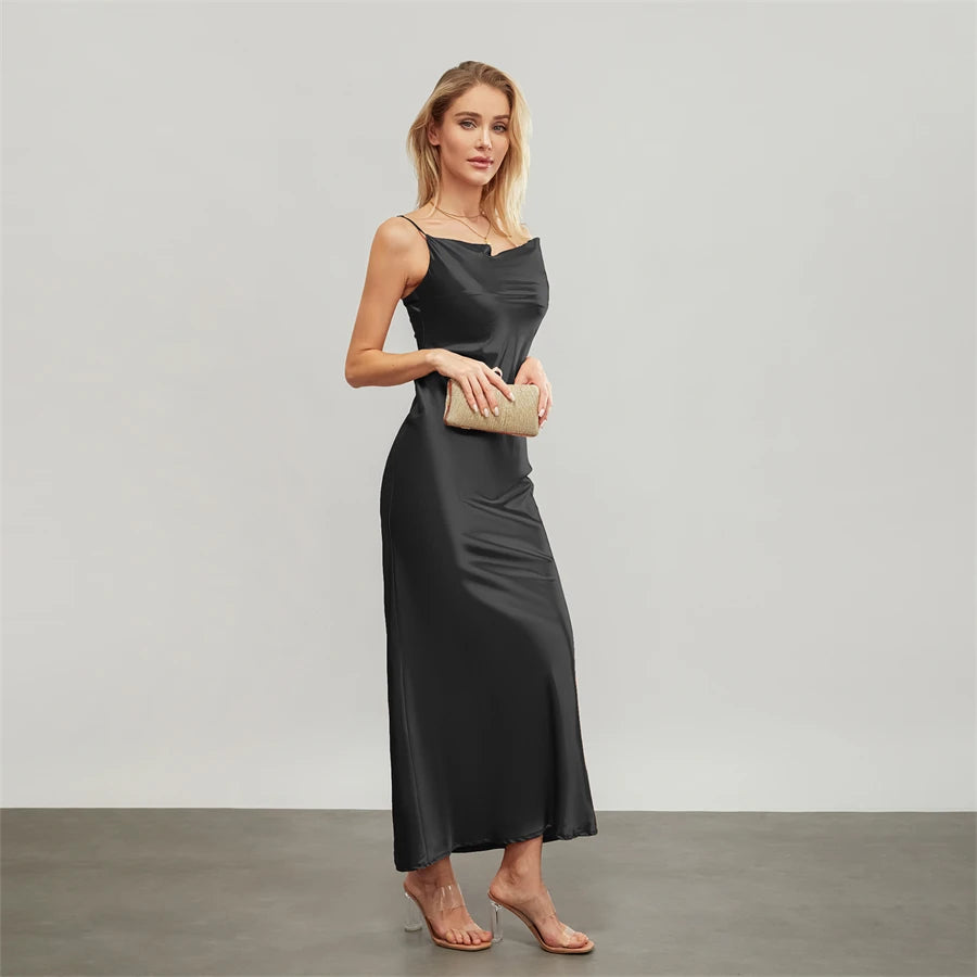 Satin Dresses - Backless Spaghetti Straps Party Long Dresses 2024 New Evening Gown Satin Vestidos Women's Cowl Neck Slip Wrap Dress