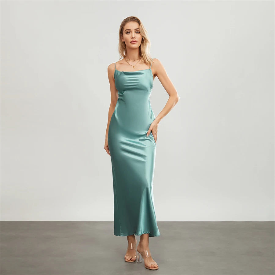 Satin Dresses - Backless Spaghetti Straps Party Long Dresses 2024 New Evening Gown Satin Vestidos Women's Cowl Neck Slip Wrap Dress