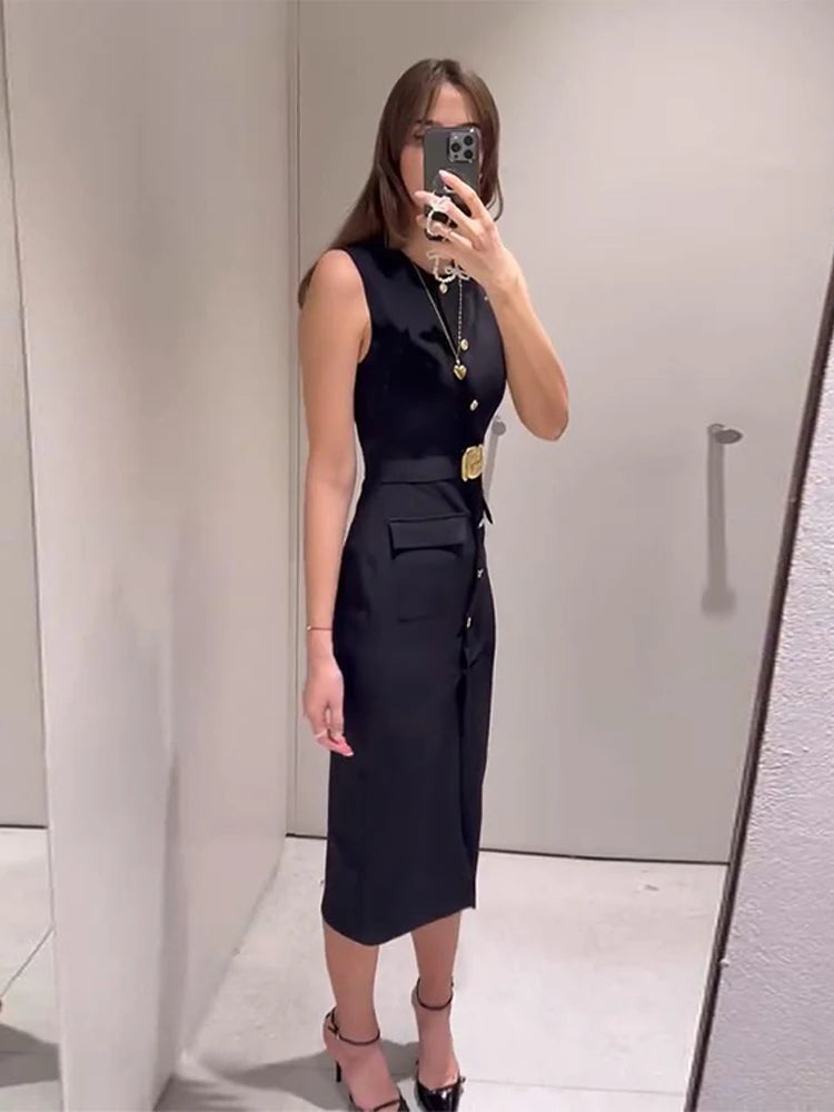 Buttoned Dresses - Long Dress With Belt Women Slim Single Breasted Front Split Sleeveless Female Dresses 2025 Summer Lady Vestido