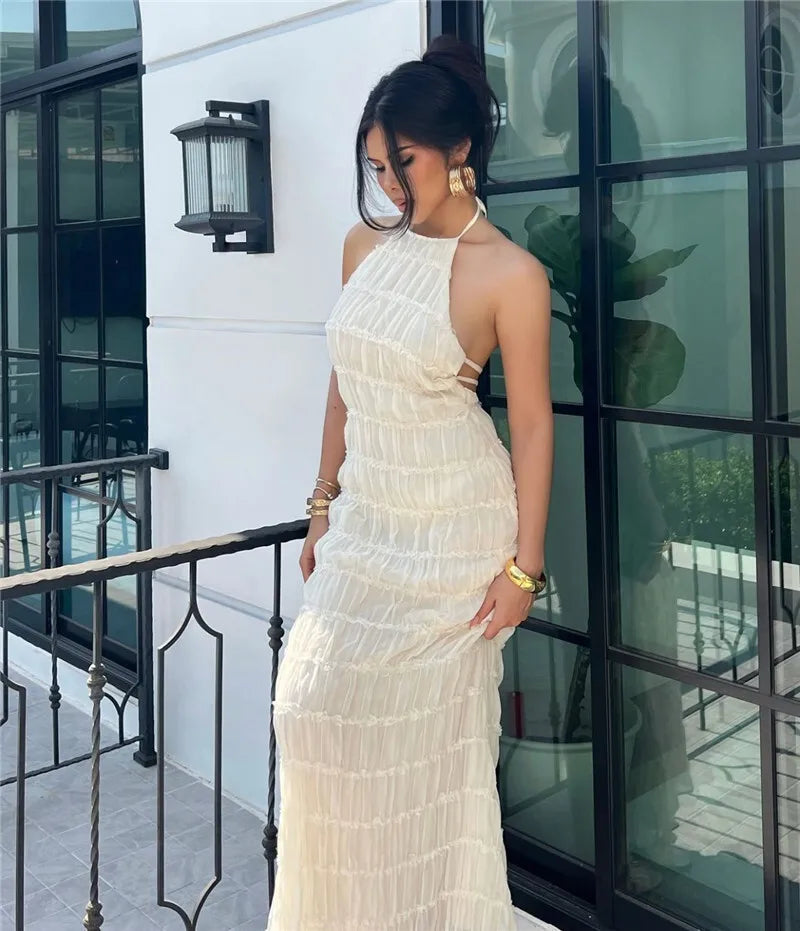 Party Dresses - Mozision Halter Backless Sexy Maxi Dress For Women Spring Summer New Lace-up Sleeveless Pleated Beach Holiday Long Dress Elegant