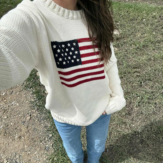 Sweaters - Puloru Women's Loose Fit Sweaters Fall Winter Casual Stars Stripe Flag Print Round Neck Long Sleeve Pullovers Knitted Jumpers