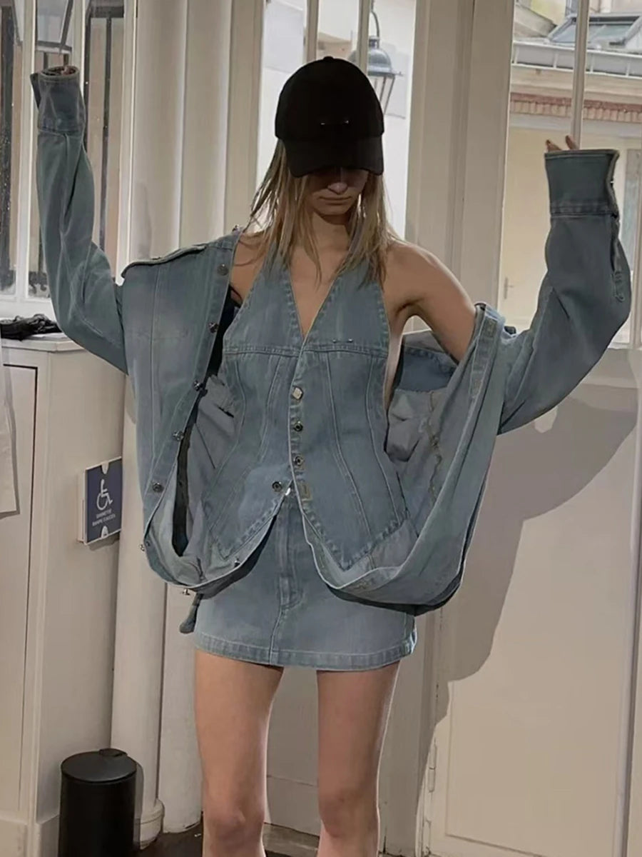 Denim Outfits - Loose Chic Jackets For Women Lapel Long Sleeve Streetwear Patchwork Pockets Coats Female Fashion Style New