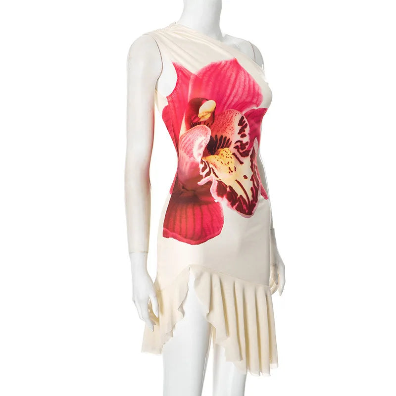 Off Shoulder Dresses - Skew Collar Ruffled Print Sexy Mini Dress For Women Off-shoulder Sleeveless Backless High Waist Printed Dress Vestido