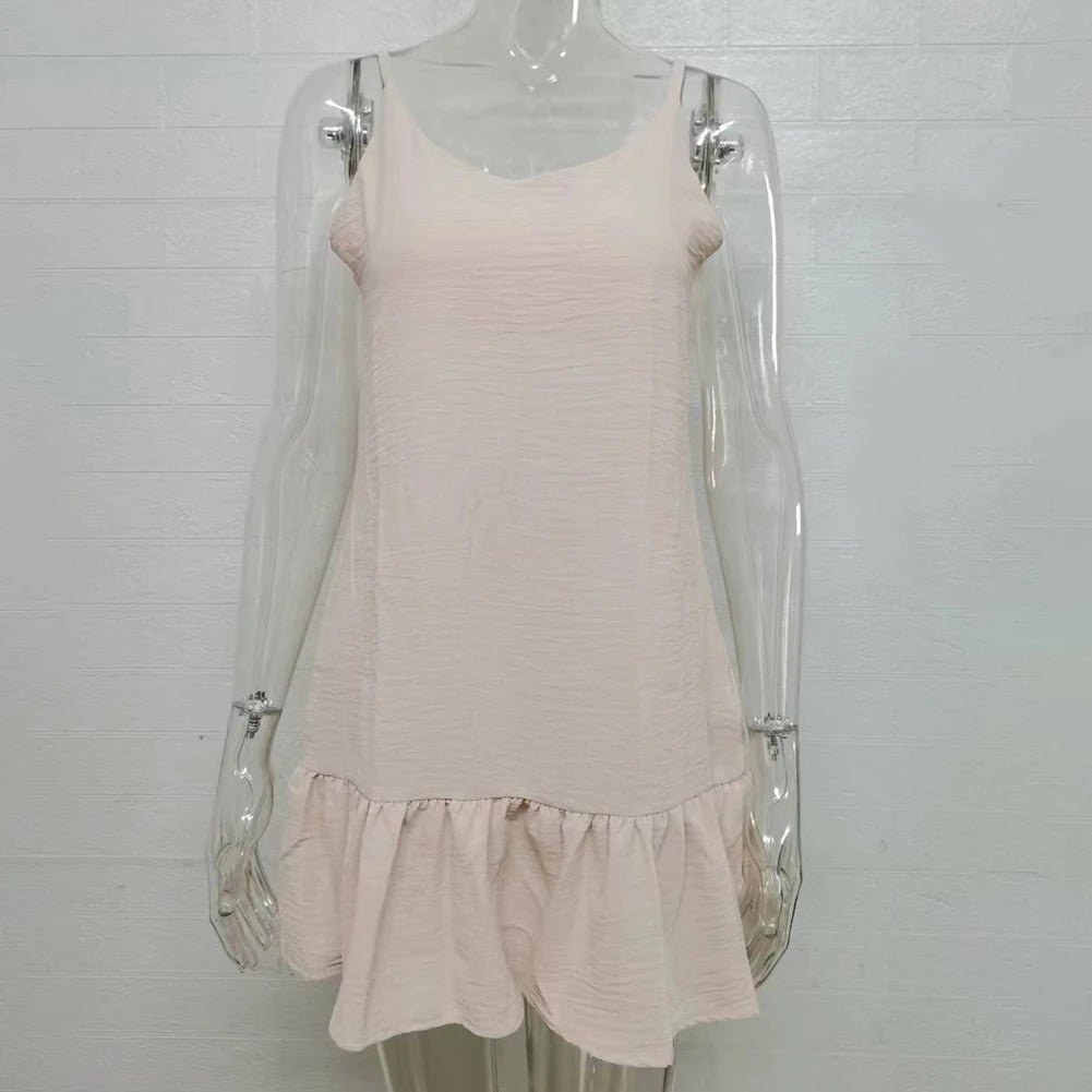 Cami Dresses - Fashion Dress Women Casual Loose Summer Non Strech Polyester Regular Short Dress Sleeveless Solid Color V-neck Suspender Women