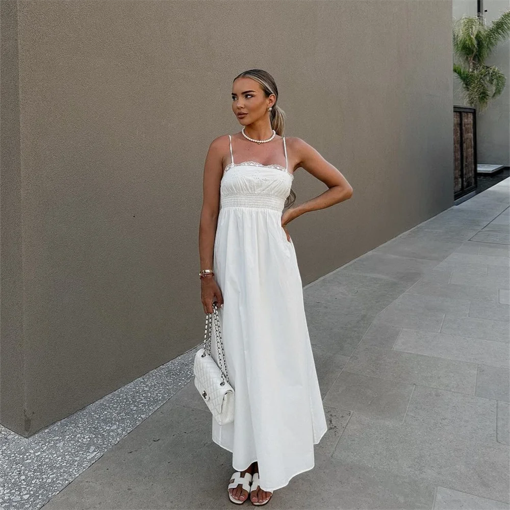 Vacation Dresses - Summer New Women's Fashion Style Slimming Sweet Solid Color Versatile Embroidered Lace Splicing Dress