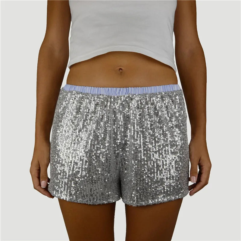 Shorts Sets - Silver Glitter Shorts Sets Women Contrast Color Single-breasted Shirt And Shorts Sparkle Two Piece Set Shorts Sets