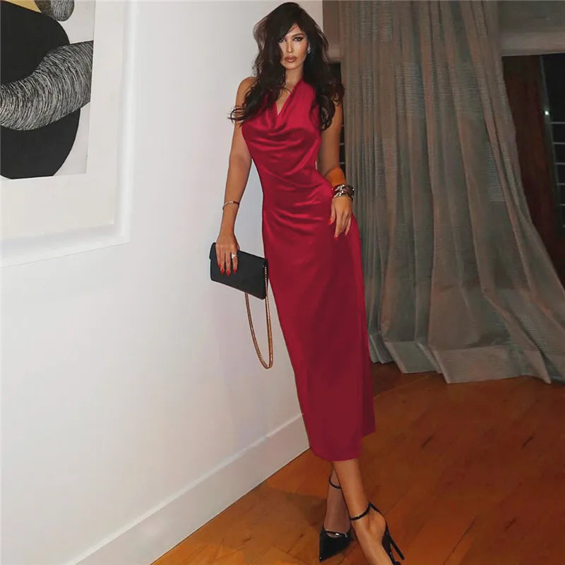 Elegant Dresses - Halter Backless Sexy Maxi Dress For Women Gown Fashion Lace-up Deep V Neck Sleeveless Bodycon Split Long Dress Elegant