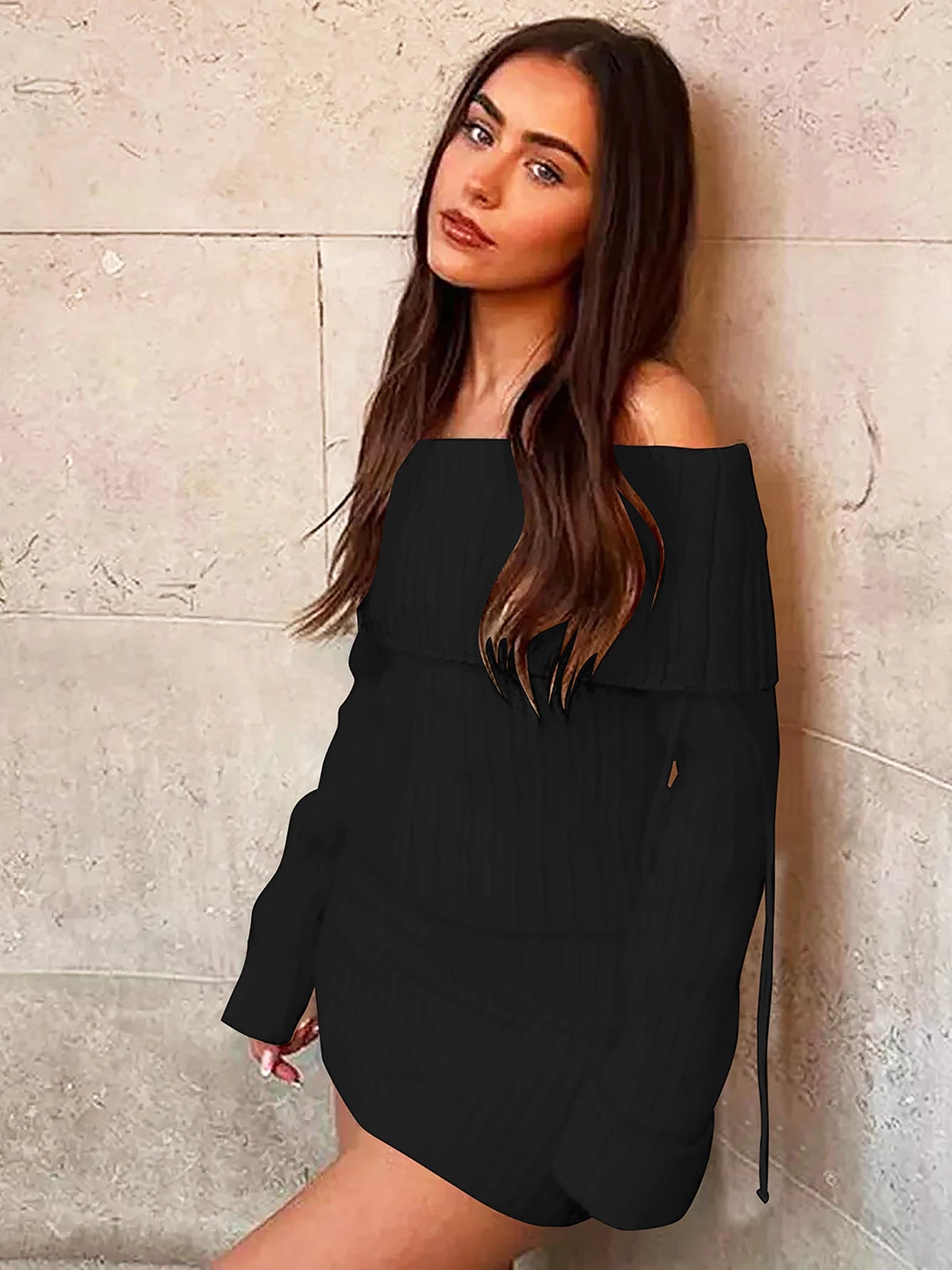 Matching Sets - Dulzura Ribbed Sexy Elegant 2 Piece Skirt Set Off Shoulder Long Sleeve Lace Up Top Mini Skirt Matching Set Party Club Streetwear