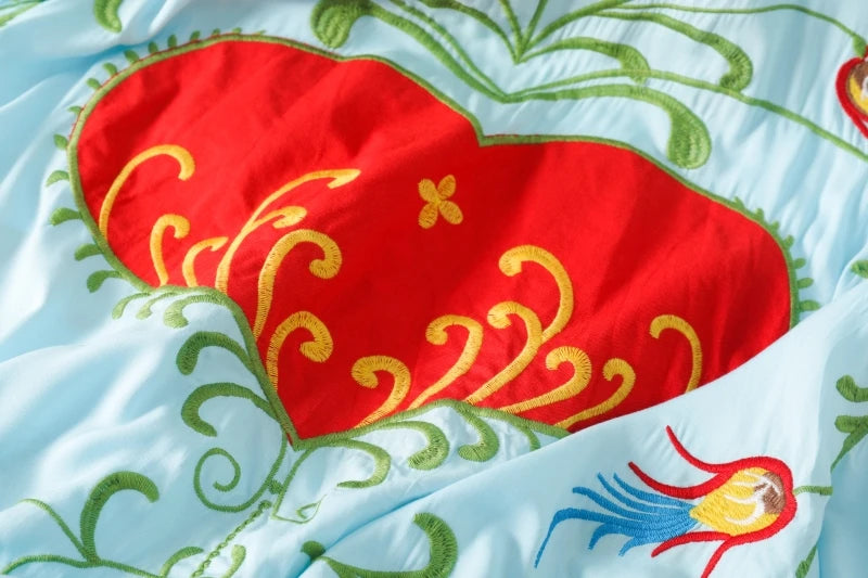 Kaftans - Jastie Embroidered Women Maxi Dress V-Neck Batwing Sleeve Loose Oversize Summer Dresses Drawstring Waist Boho Beach Vestidos