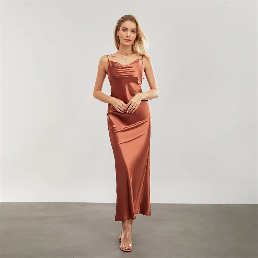 Satin Dresses - Backless Spaghetti Straps Party Long Dresses 2024 New Evening Gown Satin Vestidos Women's Cowl Neck Slip Wrap Dress